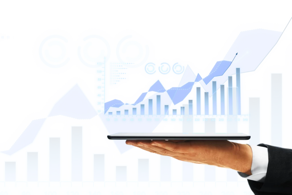 Une visualisation numérique de données financières avec des graphiques en barres et en courbes, symbolisant les compétences analytiques et technologiques d’un directeur financier dans la gestion des performances et de la trésorerie.